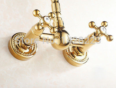 wall mount swivel spout kitchen sink faucet mixer tap gold finish dual handles