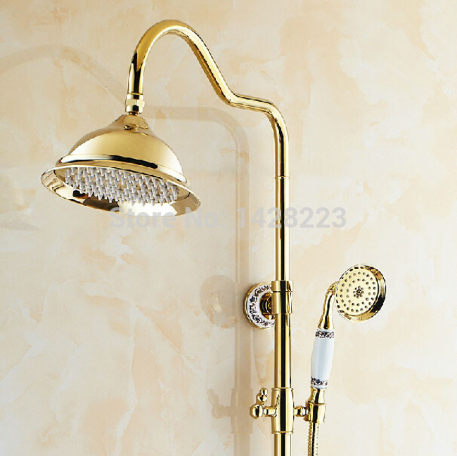 wall mounted bathroom 8" rainfall shower set faucet golden color dual handles with handheld shower