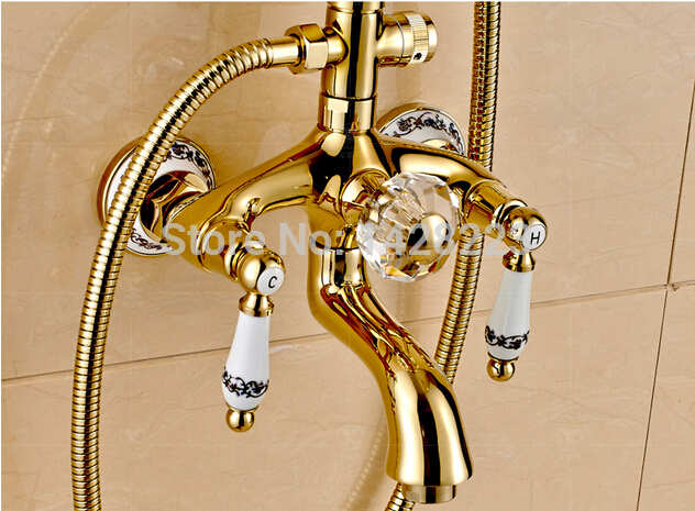wall mounted dual handles brass shower set faucet golden with handshower 8