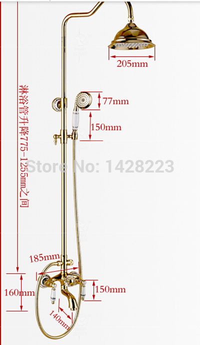 wall mounted dual handles brass shower set faucet golden with handshower 8" rainfall shower mixer tap