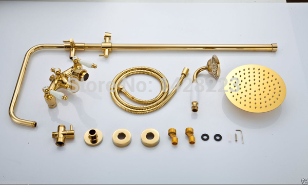 wall mounted golden bathroom rainfall shower exposed faucet set dual handles bath and shower mixer taps