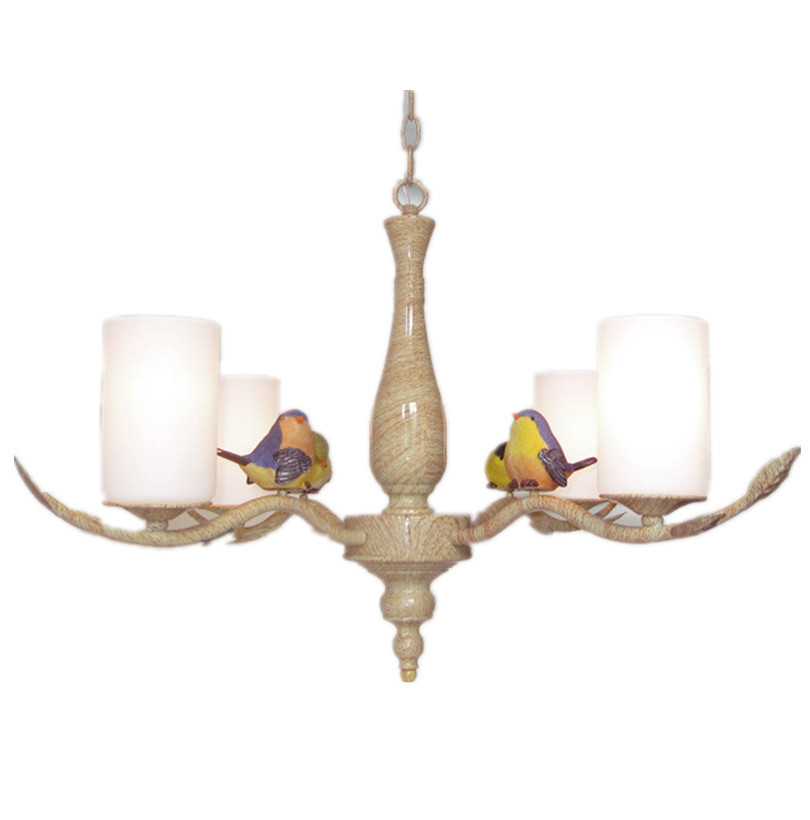 2015 new solid wood brone green 4 head 3d resin bird chandelier with frosted glass or fabric lampshade