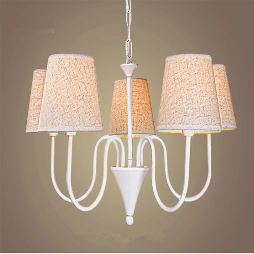 american style country white iron pendant chandelier retro simple led ceiling chandelier with 5 colors fabric lampshades