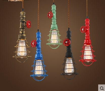 edison retro vintage lamp loft industrial pendant light fxitures dinning room water pipe lighting lamparas 5 color lampshade