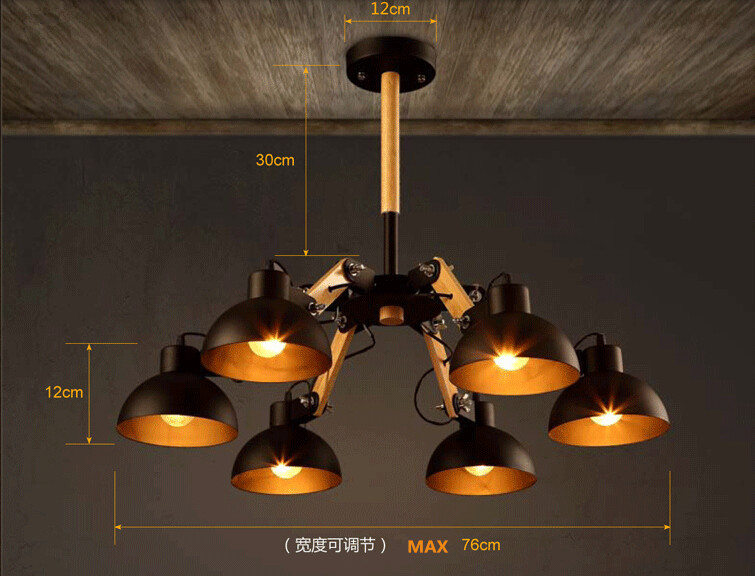 wood retro classic industrial vintage ceiling lights with 6 lights,can be adjusted lamparas de techo luminaria lustres de sala