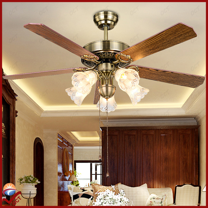 luxury antique bronze fans lamp 220v 110v 240v 52" wooden blades pendant lampshade bedroom ceiling fan lights ventilador de teto