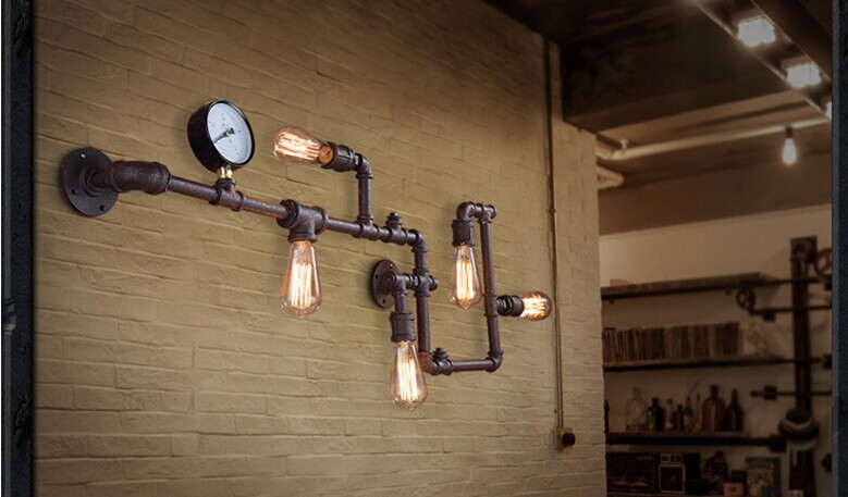 retro iron pipe loft industrial wall lamp with 5 lights,restoring personality wall light for bar home lighting,bulb included