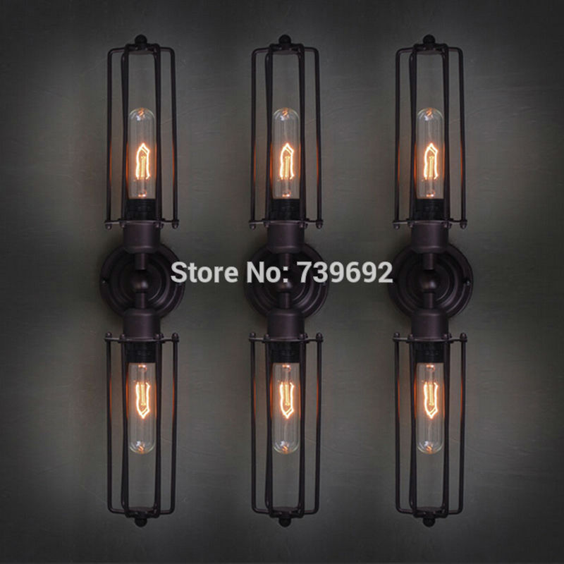 2 heads vintage wall lamp retro loft wall sconce ac 90-240v 2*e27/e26 black metal iron wall lamps for canteen art decoration