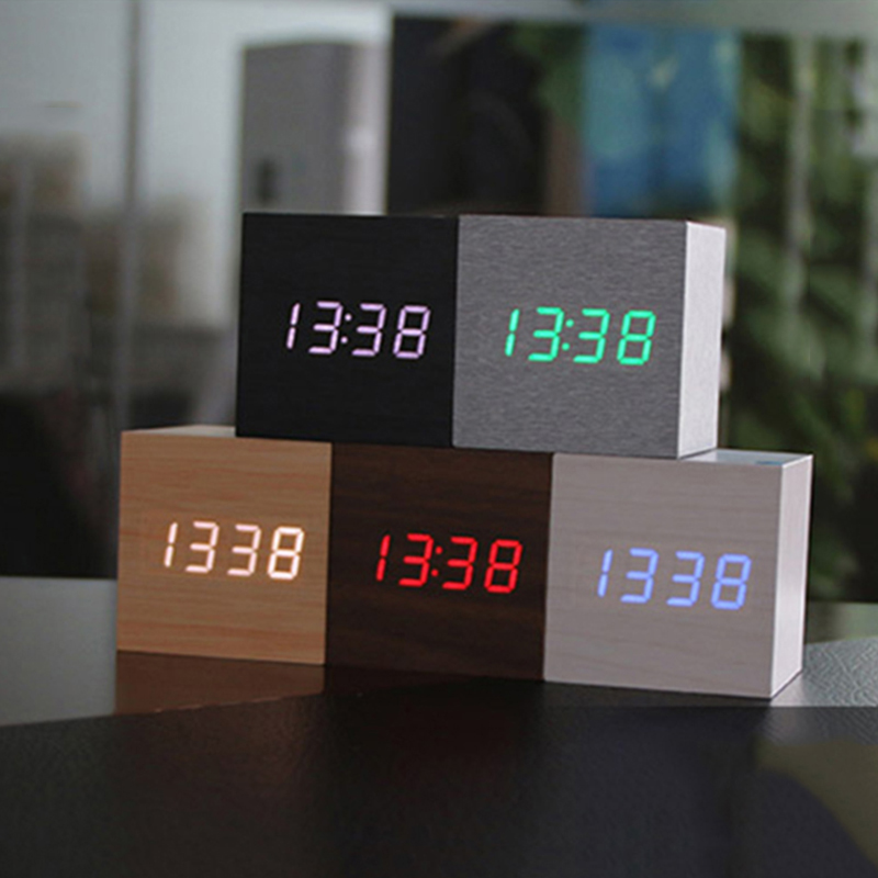 cube wooden led alarm clock,despertador temperature sounds control led display,electronic desktop digital table clocks