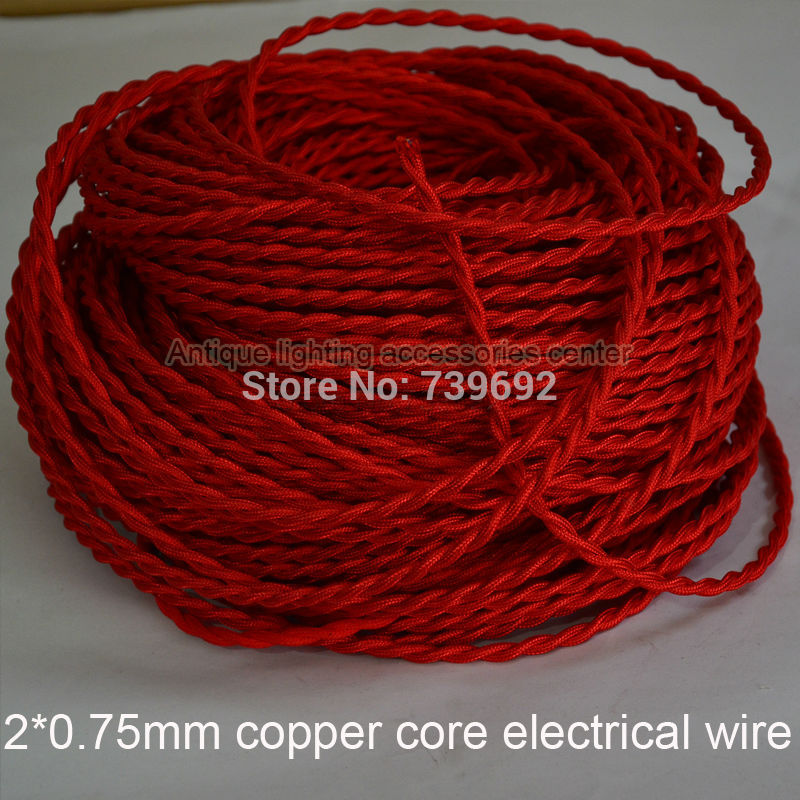 high class (50m/lot) 2*0.75mm double inner copper core red vintage twisted fabric braided electrical wire for pendant lights