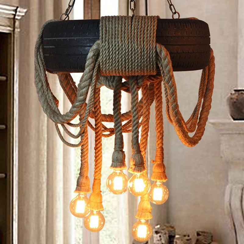 industrial creative personality hemp rope tire sitting room dining room cafe retro decorate pendant lamps colorful wheel lights