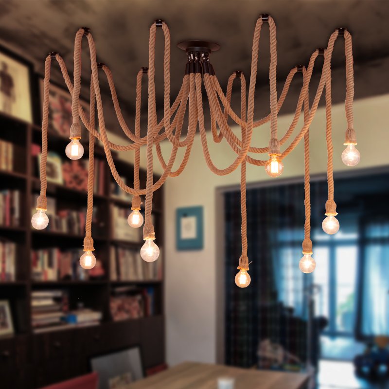 rh loft vintage industrial retro spider chandelier hemp rope pendant lamp for living dinning coffee bar restaurant decor