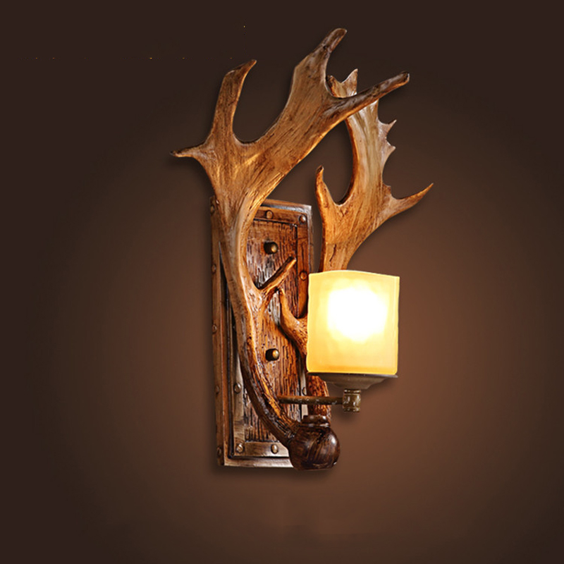 creative retro country style antlers shape wall light, mediterranean hallway bedroom foyer resin interior wall lamp