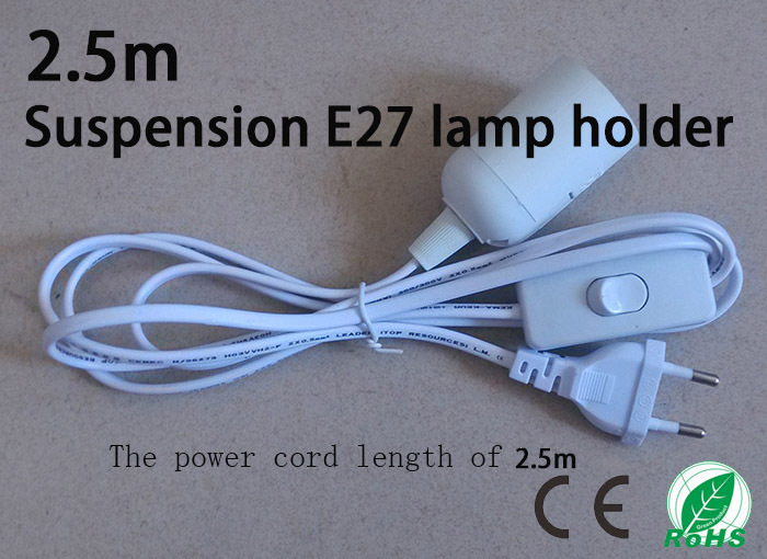 2.5m suspension e27 lamp holder, the power cord length 2.5 meters, plug and play, round plug with switch ,white luster e27 base
