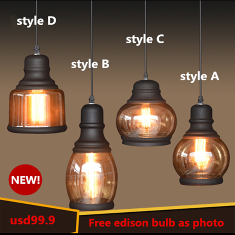 2015 new fashion 1 head loft dining room pendant light with edison bulb painted iron clear glass hanging lamp