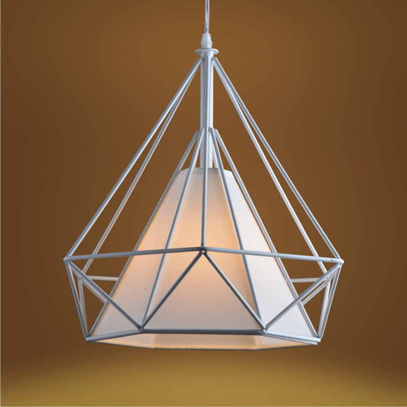 28cm wrought iron diamond geometric cage light vintage minimalist art pyramid white black fabric cloth shade dining lamp fixture