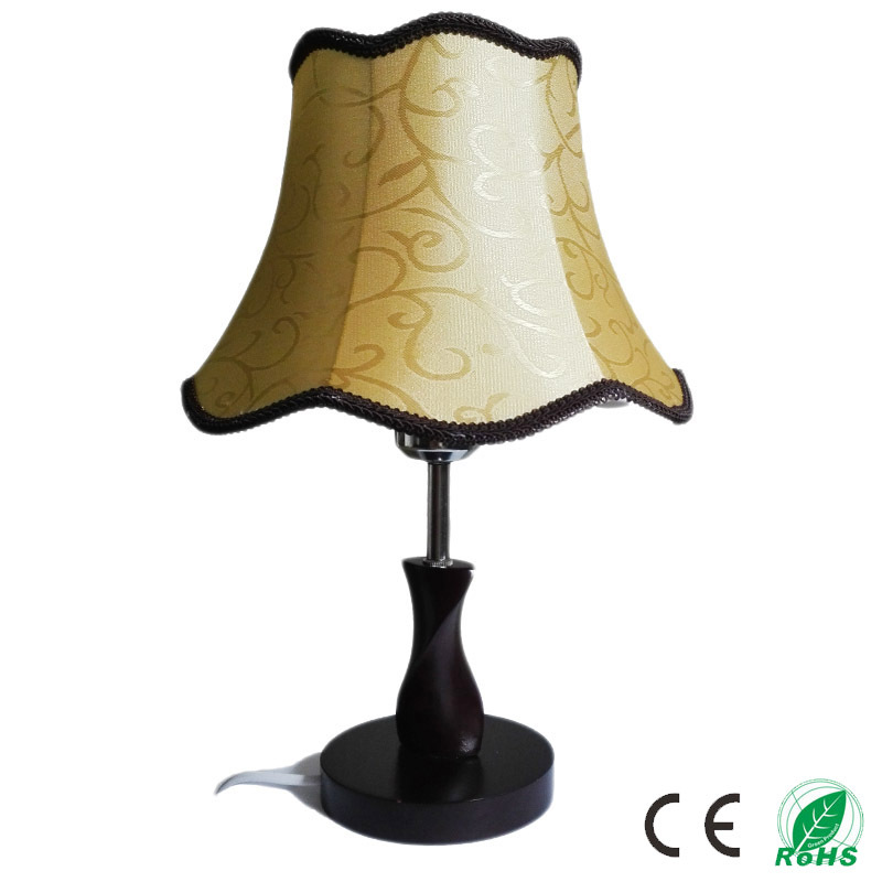 brown lace dark golden fabric shade led table lamps; distorted shape wooden base bedroom, sitting room, study, decorative abajur