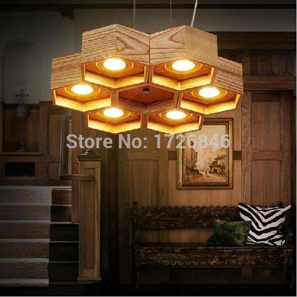 oak wooden honeycomb modern creative handmade wood led hanging pendant lamp lighting light fixture home decoration