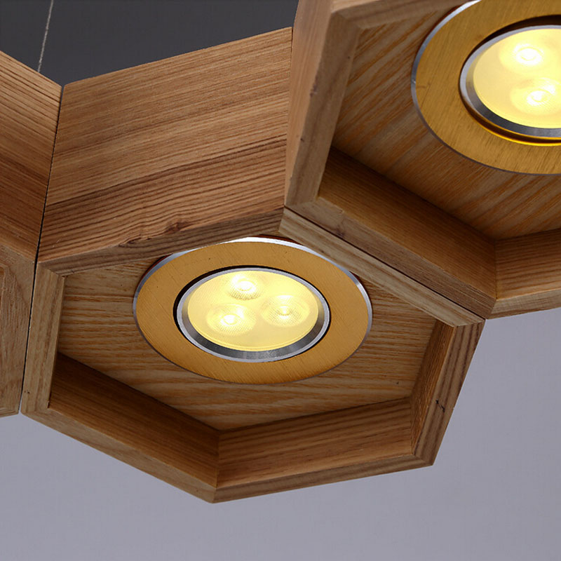 oak wooden honeycomb modern creative handmade wood led hanging pendant lamp lighting light fixture home decoration