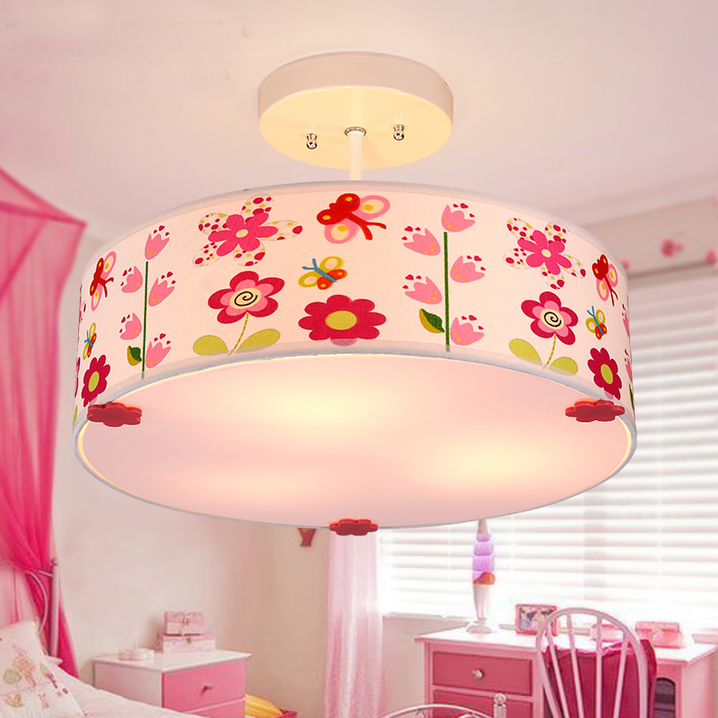 simple kid's room eye protection droplight pink romantic princess girls cartoon butterfly flowers round cloth pendant light