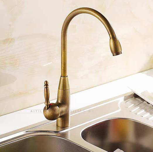 deck mounted brass antique kitchen faucet, brushed finish classic style mixer