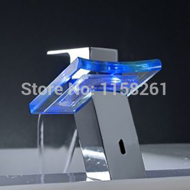 new waterfall 3 colors led bathroom basin mixer tap sink glass chrome brass deck mounted faucet wf-6072