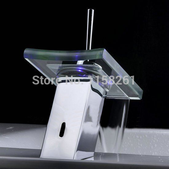 new waterfall 3 colors led bathroom basin mixer tap sink glass chrome brass deck mounted faucet wf-6074