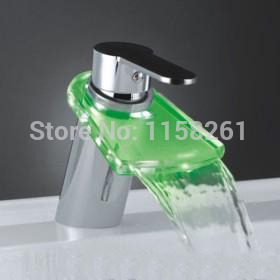 new waterfall 3 colors led bathroom basin mixer tap sink glass chrome brass deck mounted faucet wf-6075