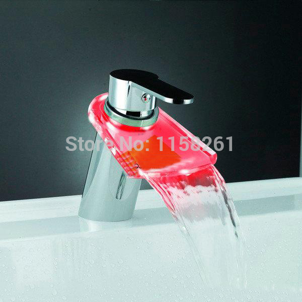 new waterfall 3 colors led bathroom basin mixer tap sink glass chrome brass deck mounted faucet wf-6075