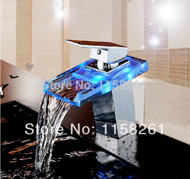new waterfall 3 colors led no need battery bathroom basin mixer tap sink glass chrome brass deck mounted faucet wf-6071