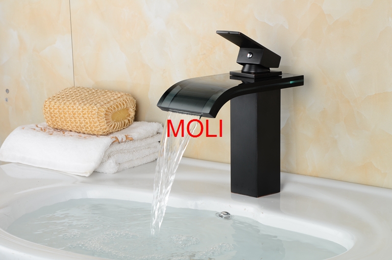 bathroom oil rubbed bronze faucet deck mounted glass spout waterfall faucets square black vessel sink water tap