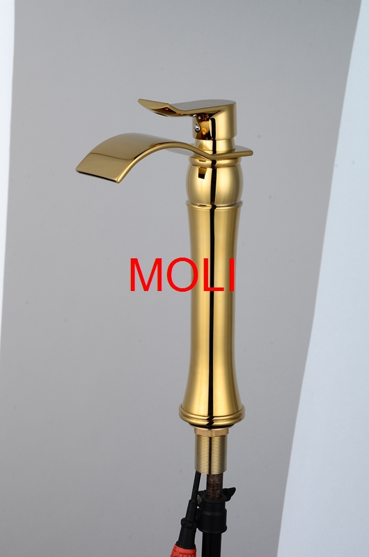 deck mounted bathroom gold finish tall faucet bathroom waterfall basin sink mixer tap