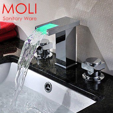 temperature sensor led faucet 3 color water double handle waterfall bathroom tap