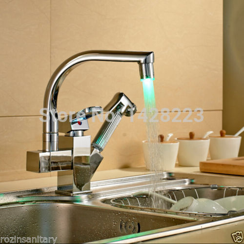 and cold water deck mount led color changing double spout kitchen sink faucet with side-sprayer