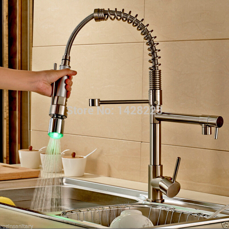 brushed nickel led color changing kitchen faucet and cold single handle kitchen mixer taps