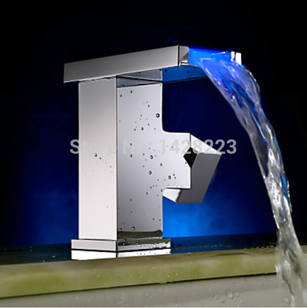 creative square waterfall bathroom sink faucet chrome finish led color changing basin mixer tap