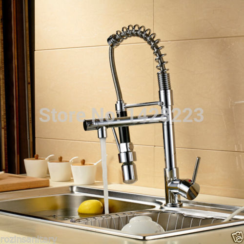 new deck mounted led spring dual spout brass kitchen faucet mixer tap polished chrome with and cold water