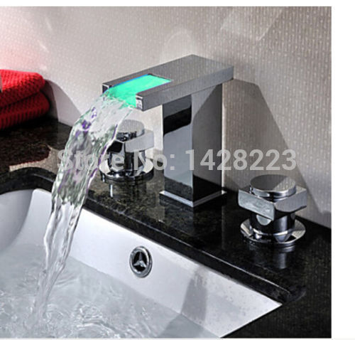 waterfall bathroom led 3 colors widespread dual handles basin faucet bathroom vanity sink mixer tap