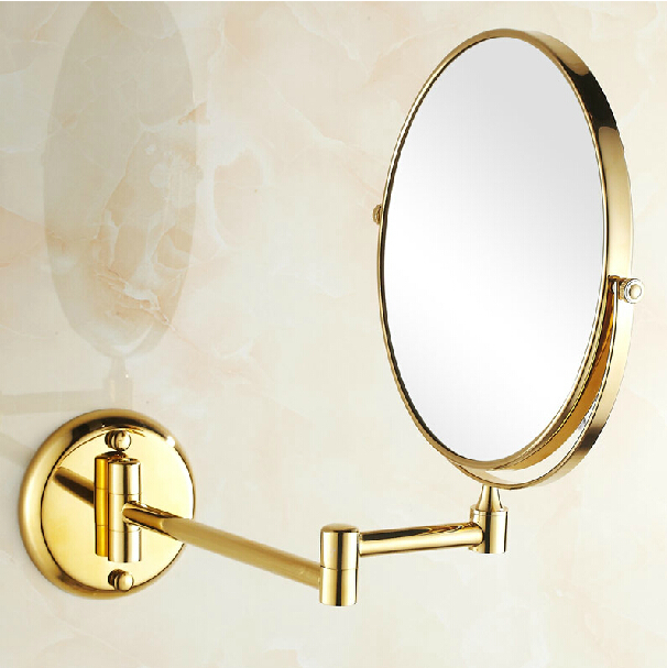fashion wall mount bathroom cosmetic mirror golden brass 8" folding telescopic magnify beauty mirror