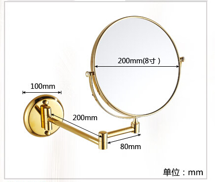 fashion wall mount bathroom cosmetic mirror golden brass 8" folding telescopic magnify beauty mirror - Click Image to Close