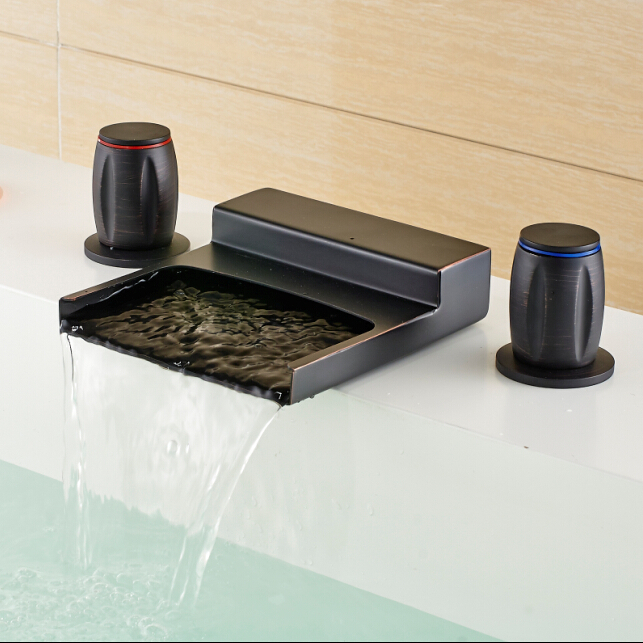 deck mount waterfall bathroom basin faucet tap dual handles widespread mixer taps oil rubbed bronze