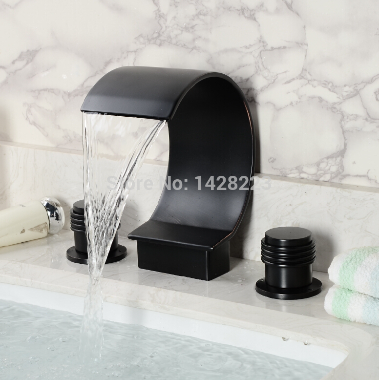 oil rubbed bronze deck mounted waterfall dual handles basin sink mixer taps 3pcs basin sink faucet