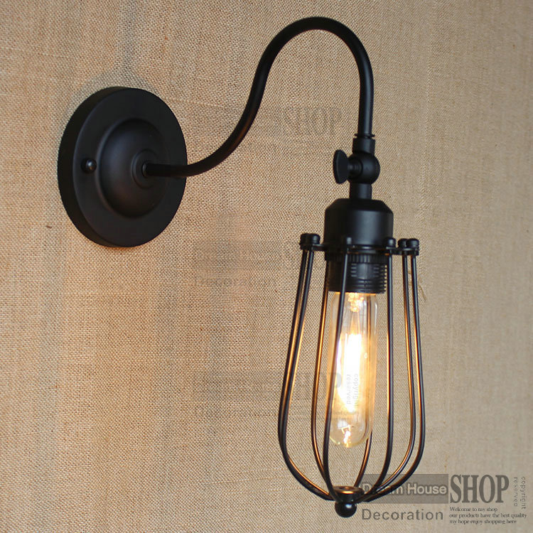 loft iron small cage black shade wall lamp for e26/e27 rh industrial 110v/220v bulbs retro vintage lamp shade