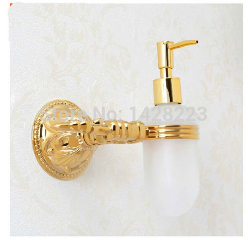 whole and retail wall mounted bathroom vessel liquid flower carved golden brass soap dispenser