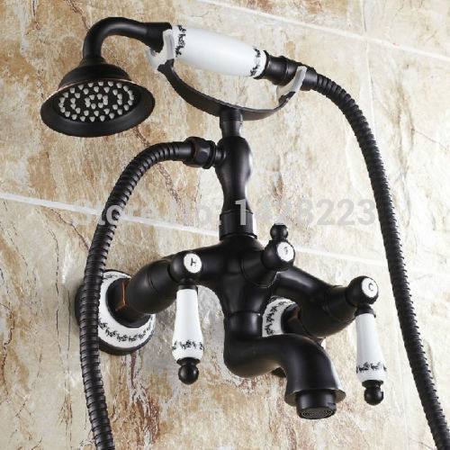 oil rubbed bronze wall mounted vintage clawfoot bathroom tub faucet w/ handshower & ceramic printing style