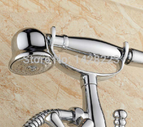 polished chrome brass wall mounted telephone style bathtub shower faucet dual cross handles + hand shower