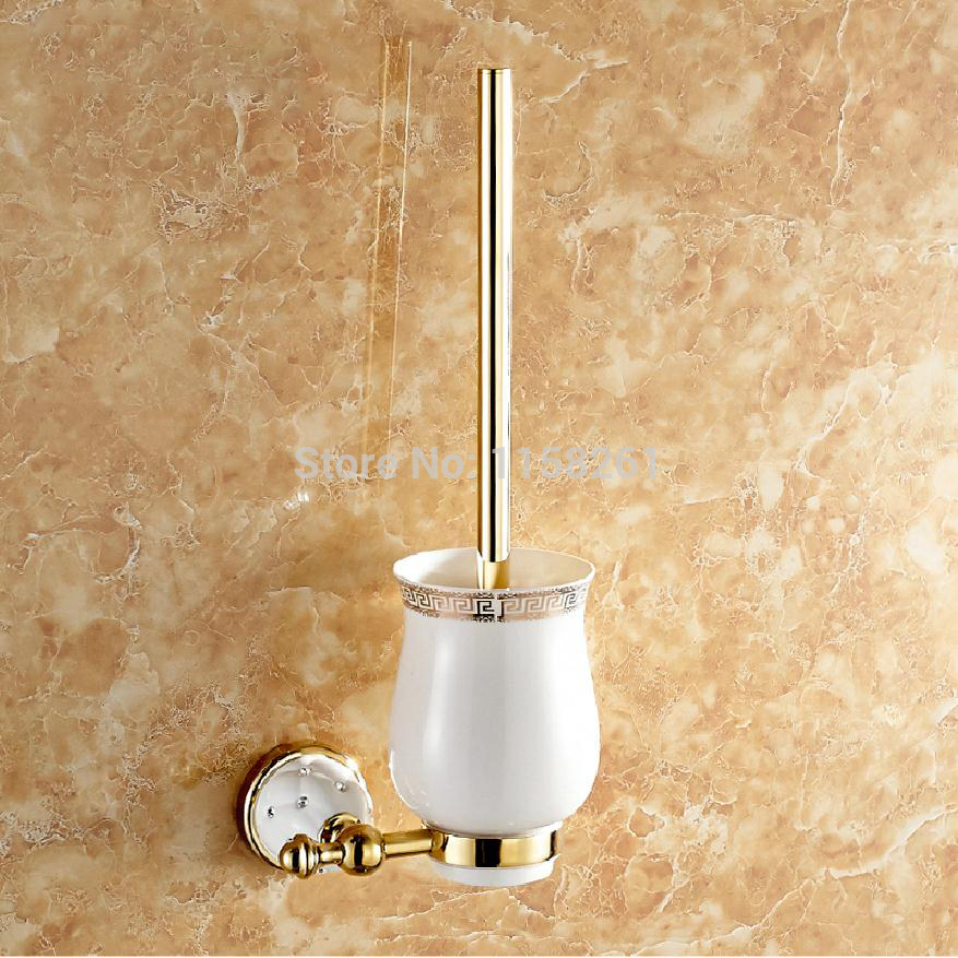 luxury golden plated finish toilet brush holder with ceramic cup/ household products bath decoration bathroom accessories5209 - Click Image to Close