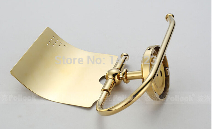 fashion wall mounted golden brass toilet roll paper holder w/ plate cover
