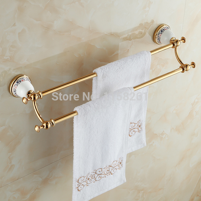 newly wall mounted bathroom towel bar golden finished double bar ceramics base towel holder rack solid brass xl-3312k
